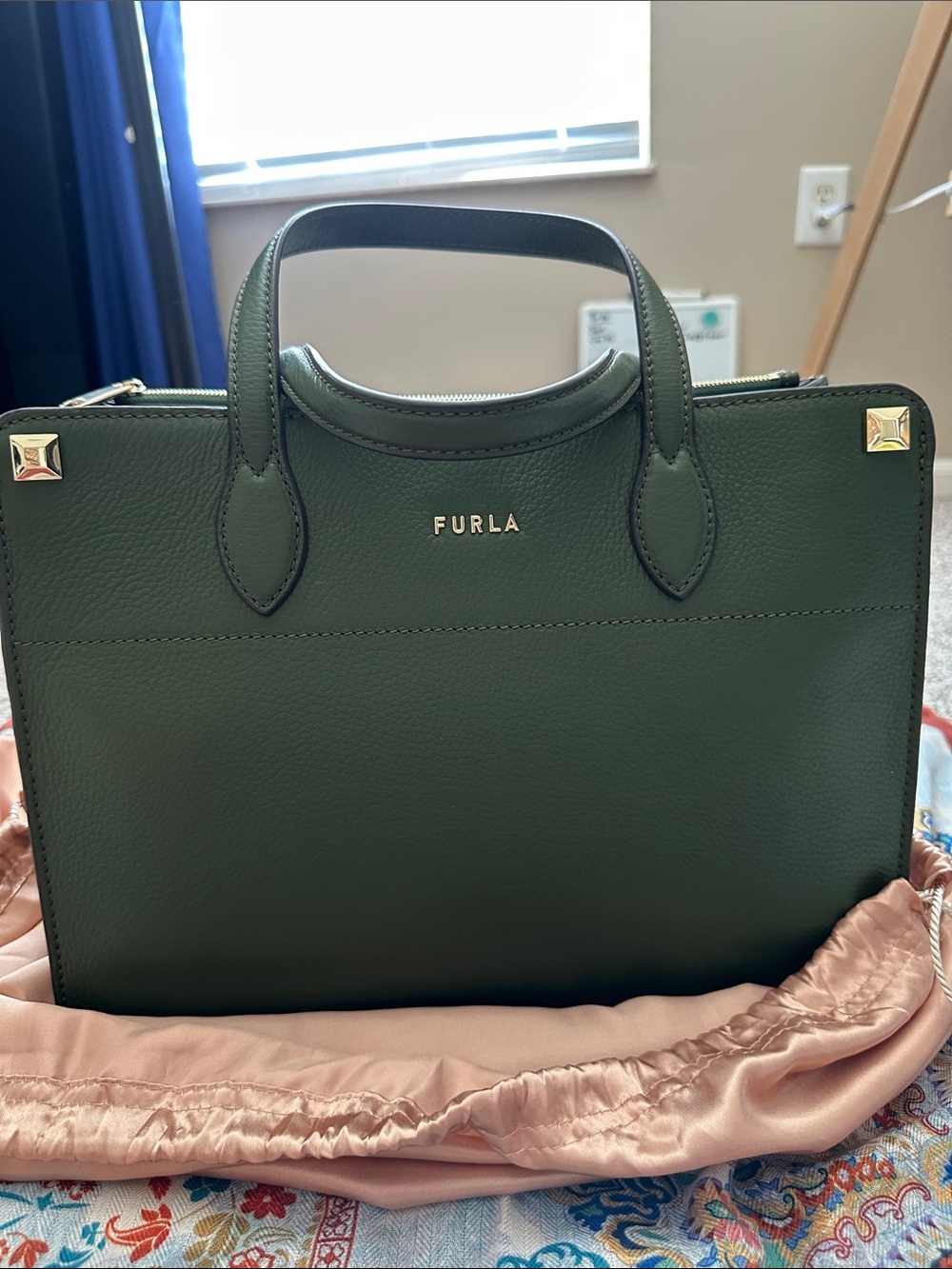 Furla Dark Green Structured Satchel with Gold Hardware